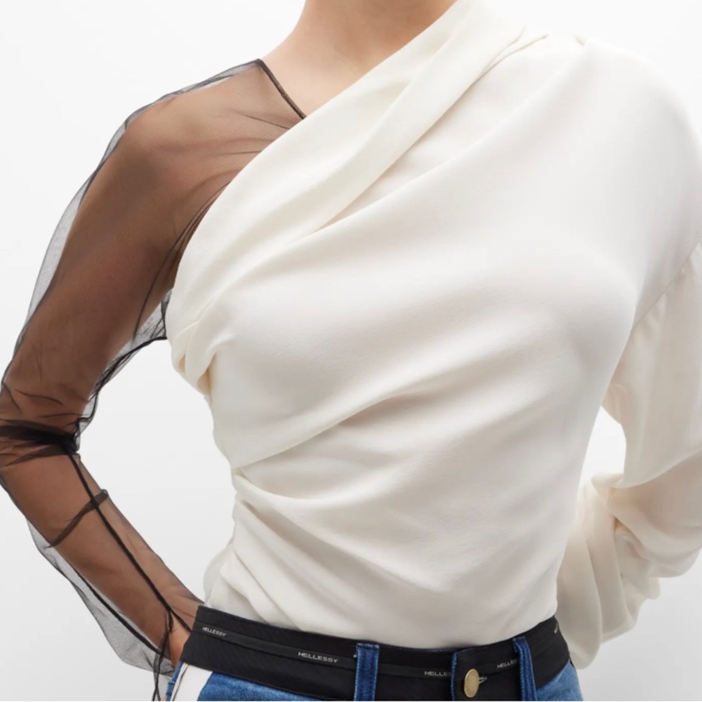 Hellessy
Solene Mixed-Media Feather-Trim Asymmetric Blouse